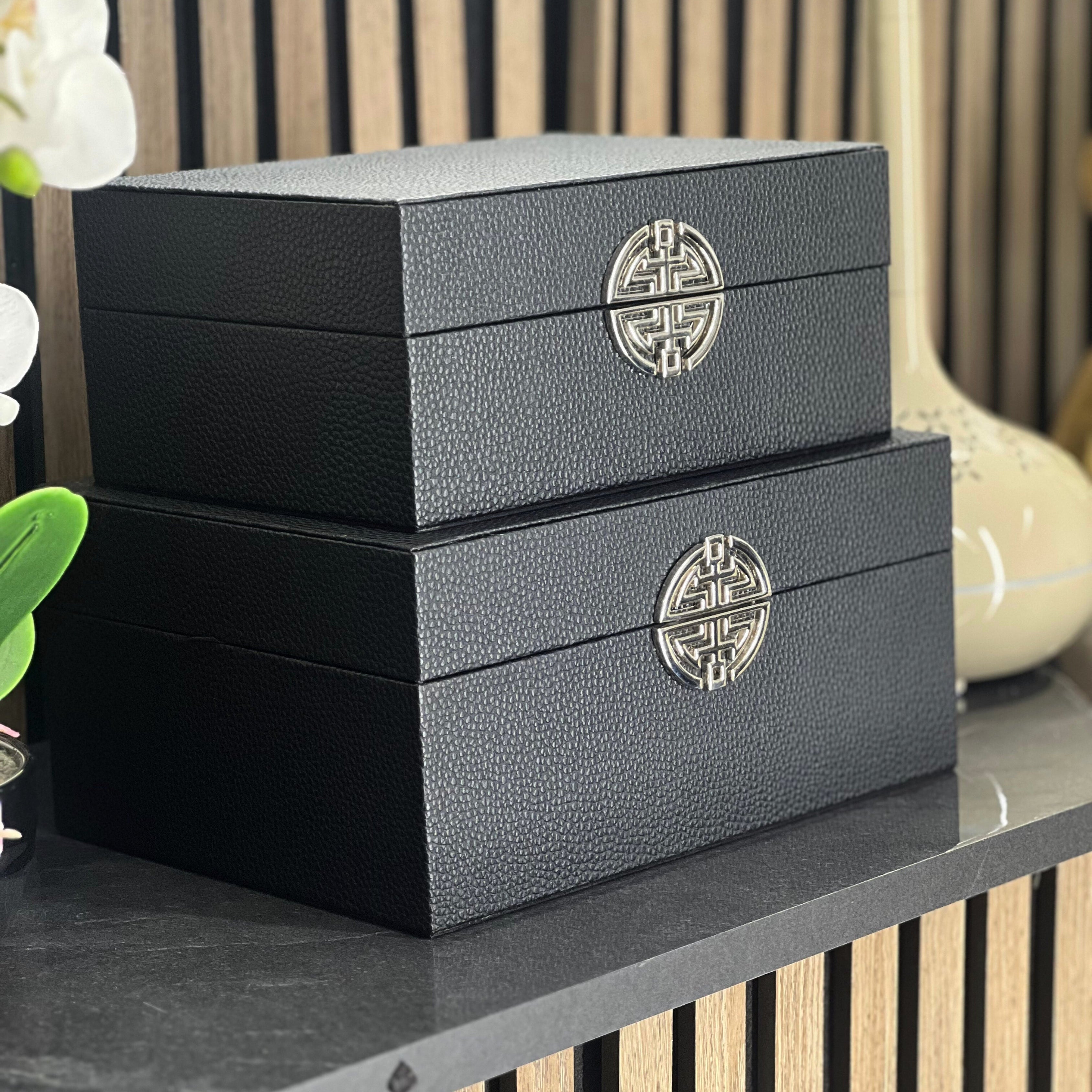 Black Faux Leather & Silver Handle Decorative Storage Boxes (Set of 2) CIMC
