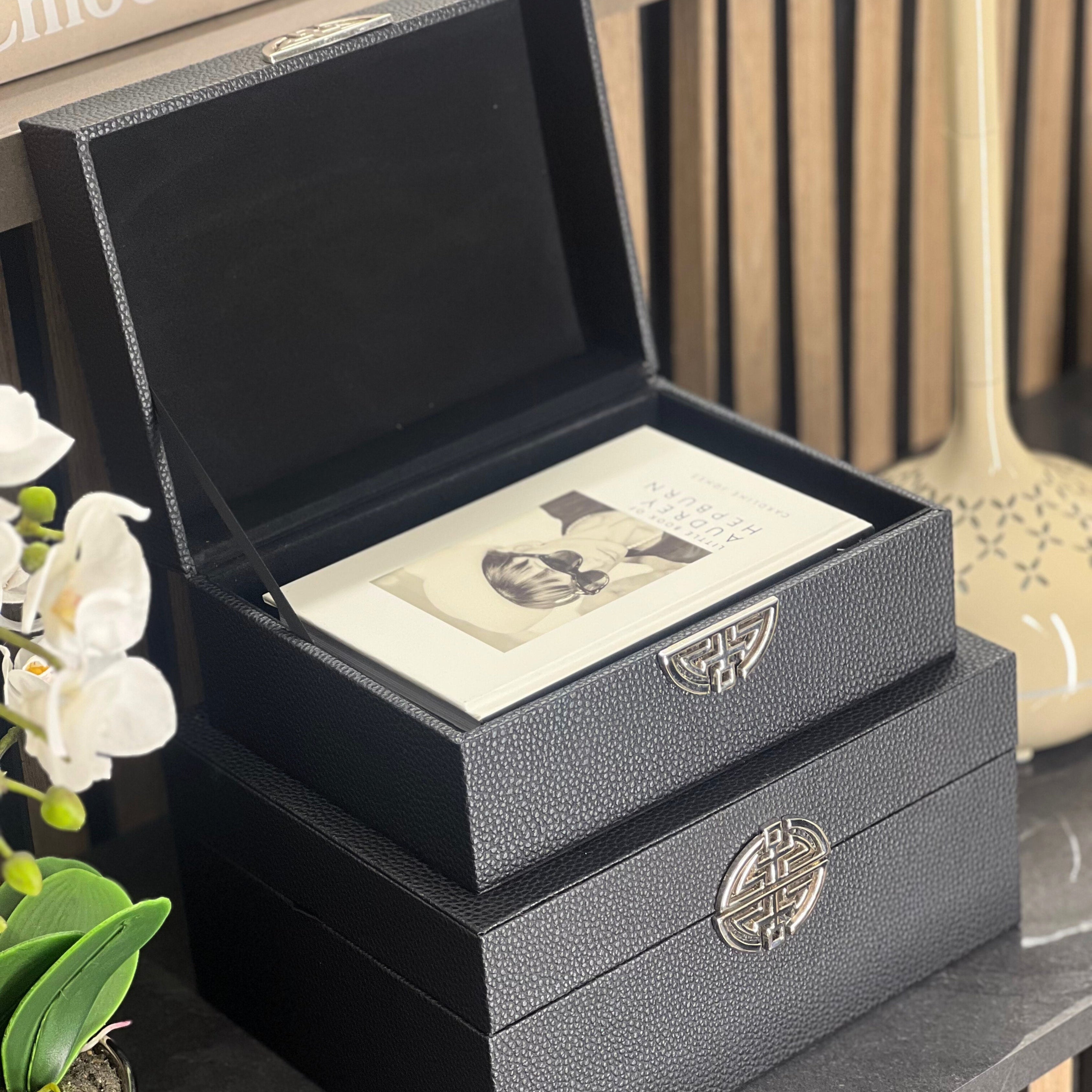 Black Faux Leather & Silver Handle Decorative Storage Boxes (Set of 2) CIMC