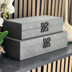 Grey Faux Litchi Leather Storage Boxes with Gunmetal Silver Handle (Set of 2) CIMC