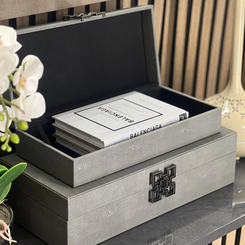 Grey Faux Litchi Leather Storage Boxes with Gunmetal Silver Handle (Set of 2) CIMC