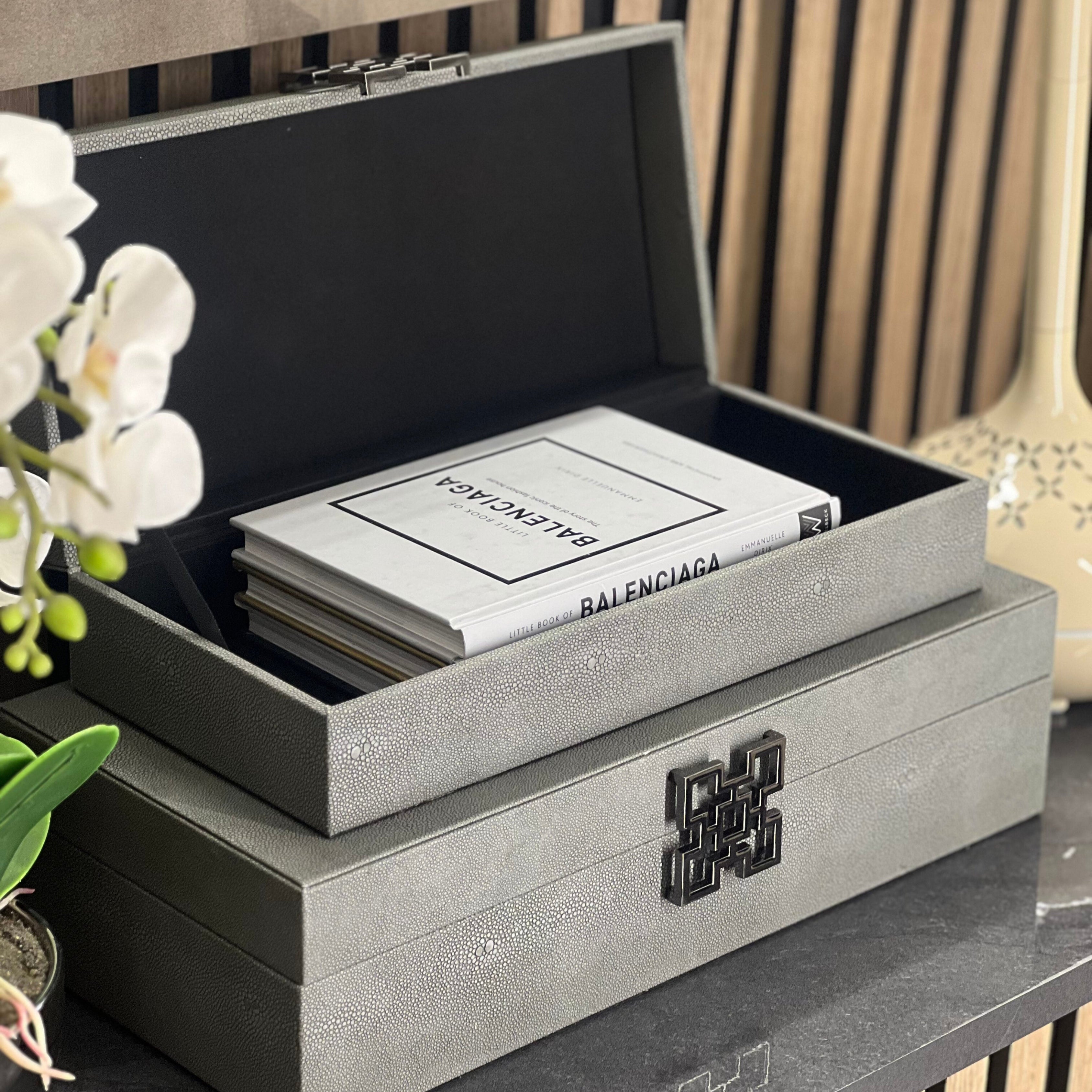 Grey Faux Litchi Leather Storage Boxes with Gunmetal Silver Handle (Set of 2) CIMC