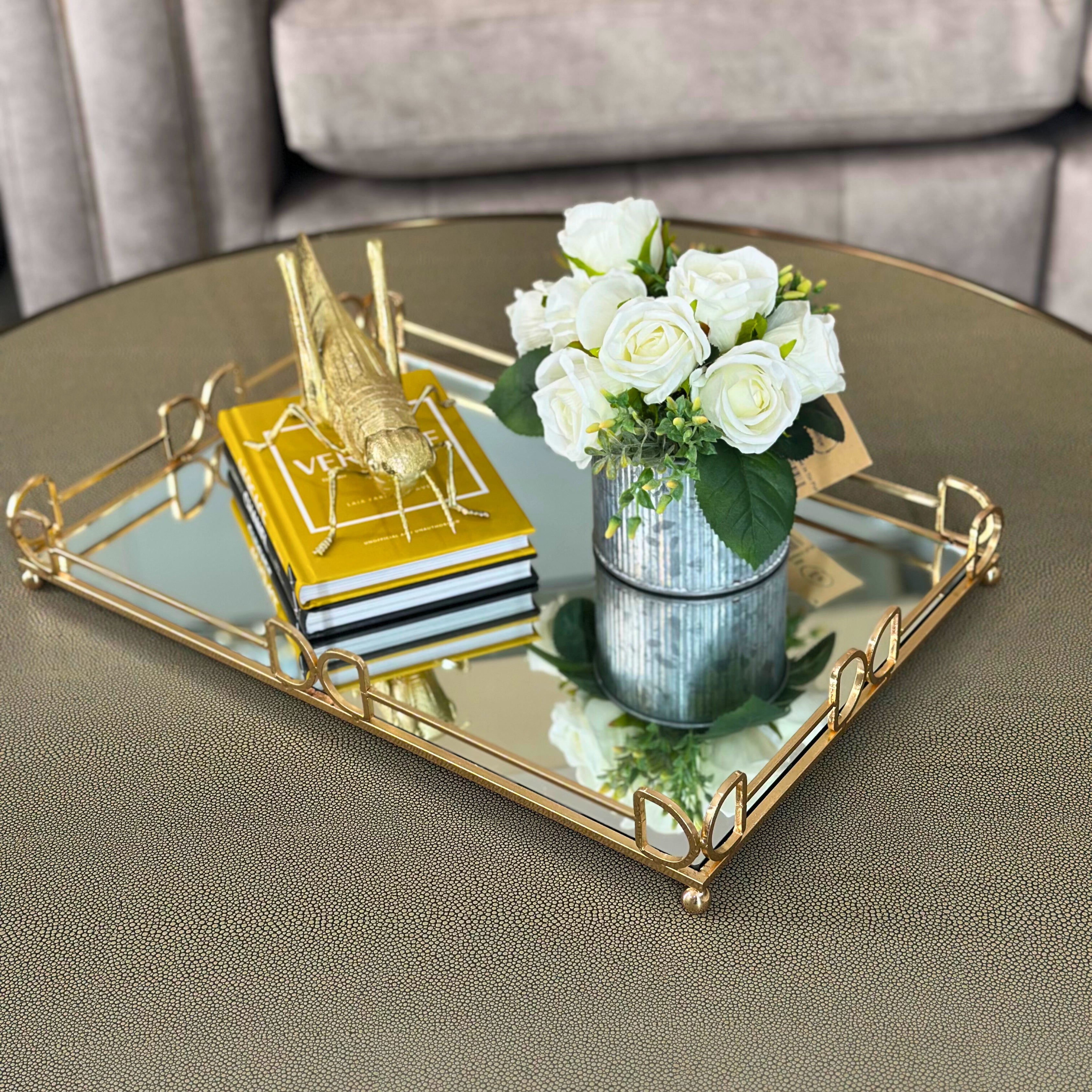 D&D Rectangle Rose Gold Mirror Tray 45cm Ivan