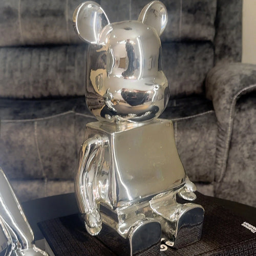 Small 30cm Chrome Sitting Bear Sculpture Ivan
