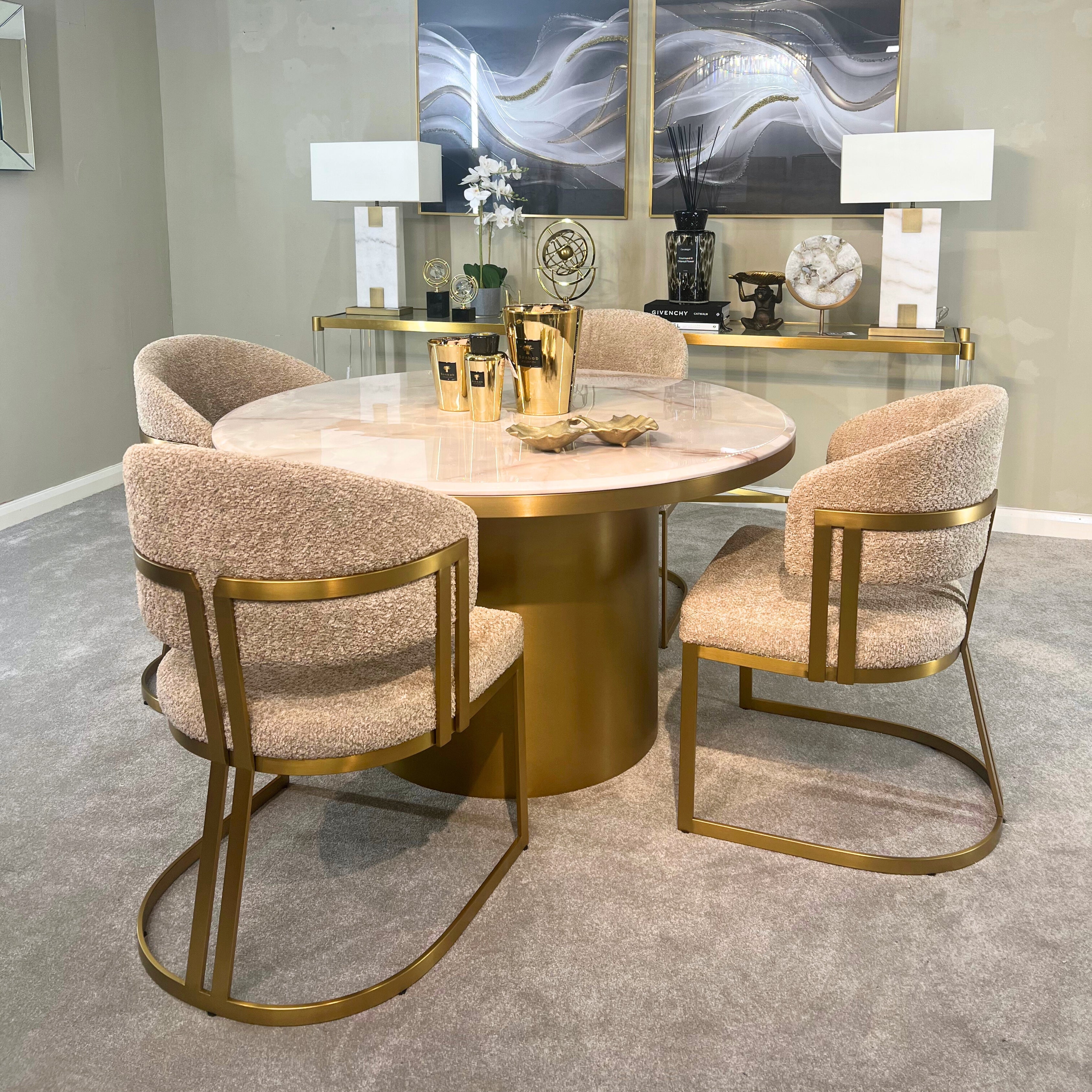 Camden Dining Table - Cream Marble/ Brushed Brass 130cm Kevin Simba