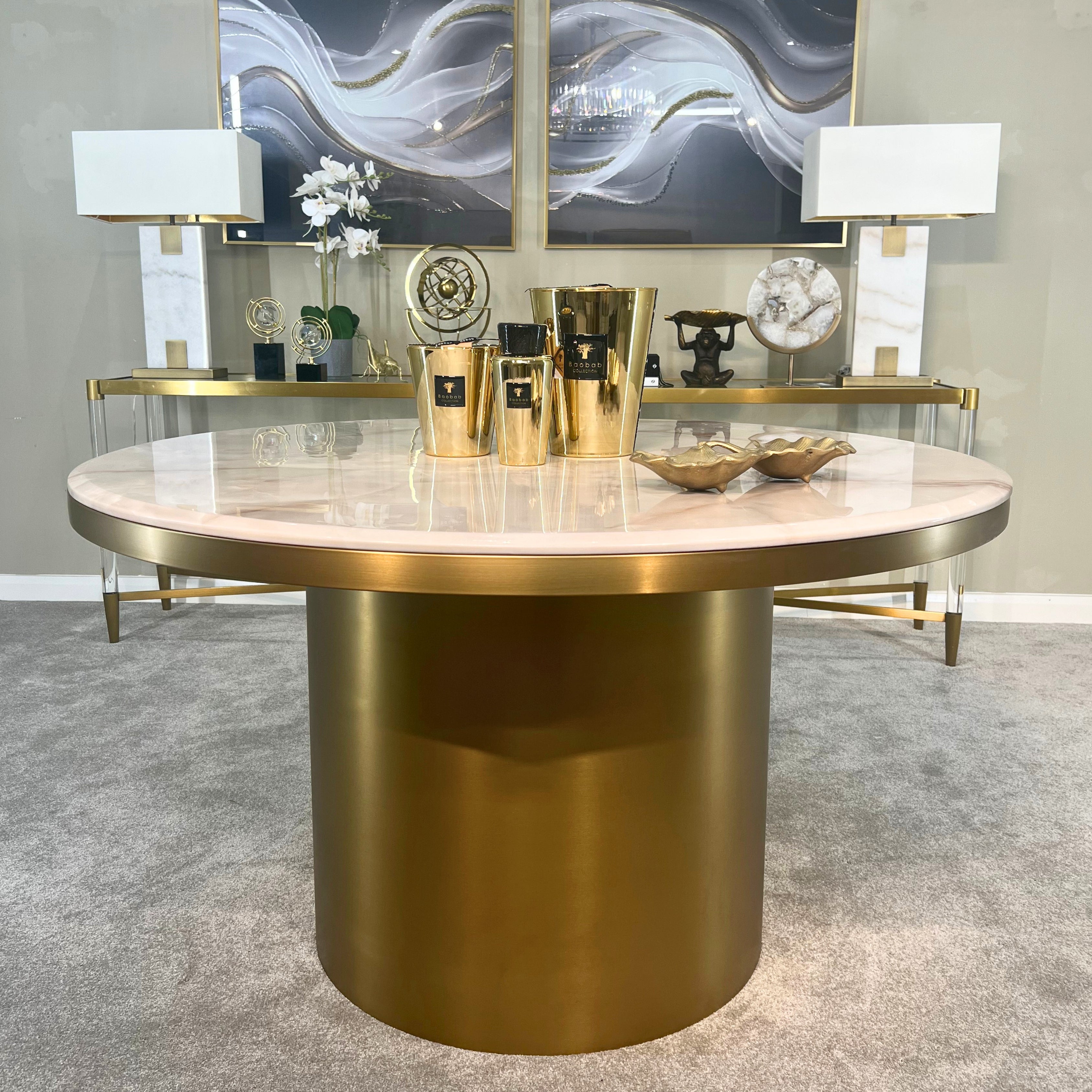 Camden Dining Table - Cream Marble/ Brushed Brass 130cm Kevin Simba
