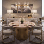 Camden round dining table with boucle chairs in a luxury dining room