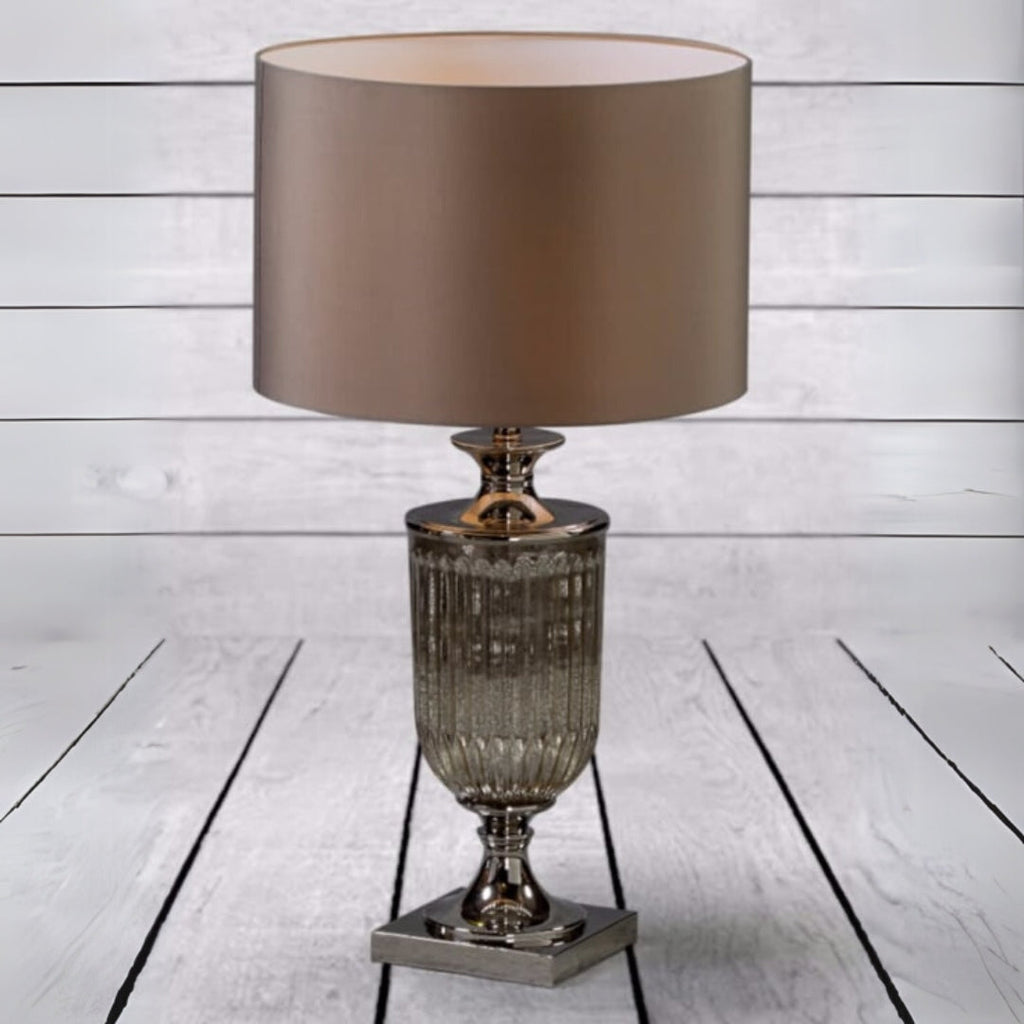 Antiqued Glass Urn Lamp with Taupe Cylinder Shade Mcgowan and rutherford