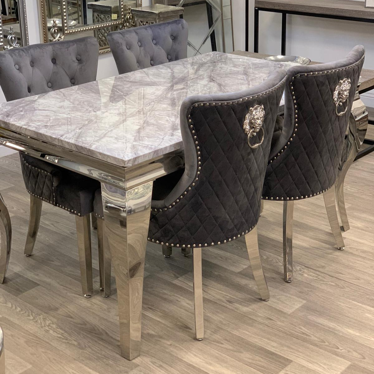 Louis 150cm Grey Marble Dining Set with Majesty Velvet Lion Knocker Chairs Home Store Living