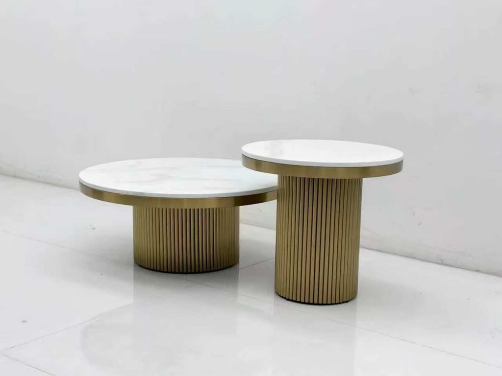 Cassa coffee table and side table set, white marble effect with champagne gold