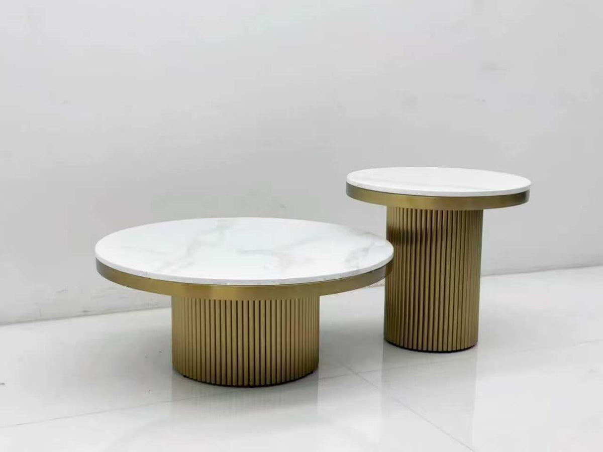 Cassa white marble coffee table and matching side table with fluted gold bases