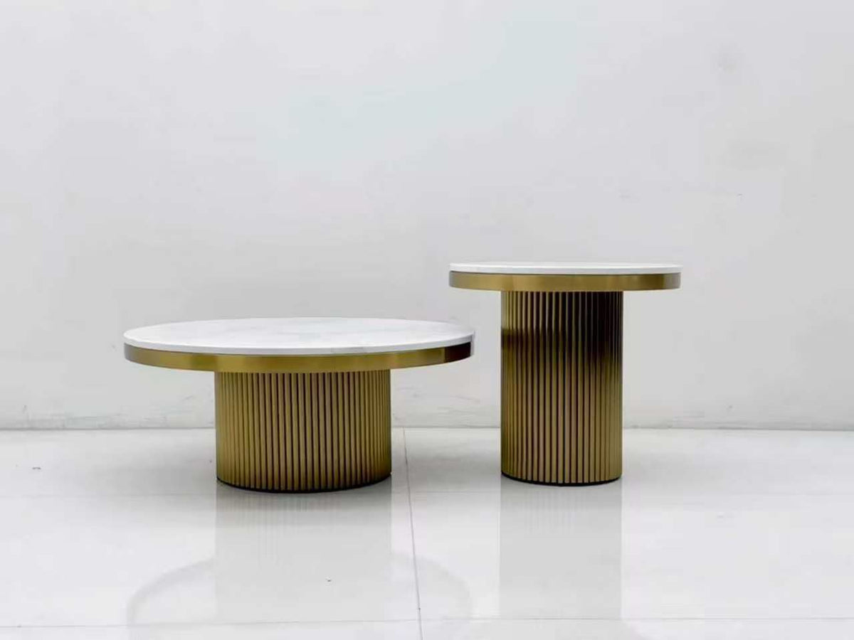 Cassa fluted gold coffee table and side table shown side by side