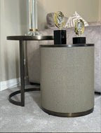 Belgravia gold and shagreen nesting side tables styled in a living room