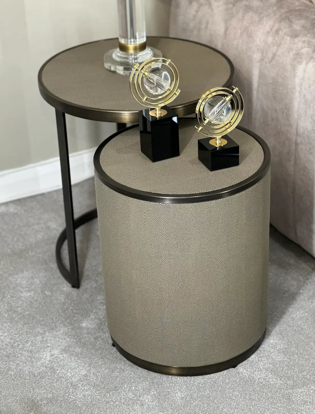 Belgravia gold frame and shagreen drum side tables, angled view