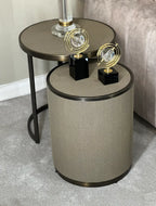 Belgravia gold frame and shagreen drum side tables, angled view