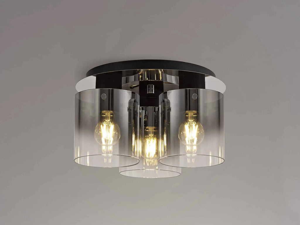 Bonni 3 Light Flush Fitting Round Ceiling Light with Black/Smoke Fade Glass Home Store Living
