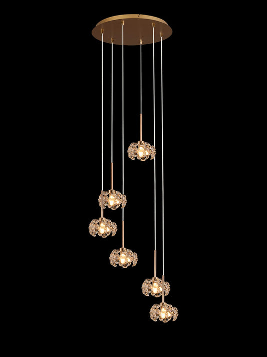 Brantley 6 Light G9 2.5m Round Multiple Pendant With French Gold And Crystal Shade