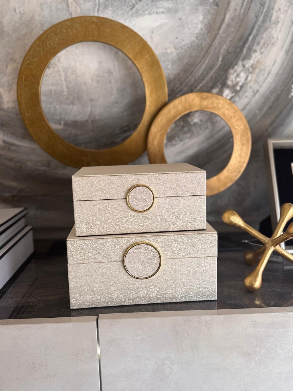 Set of 2 White Faux Litchi with Gold Ring Handle Jewellery Boxes CIMC