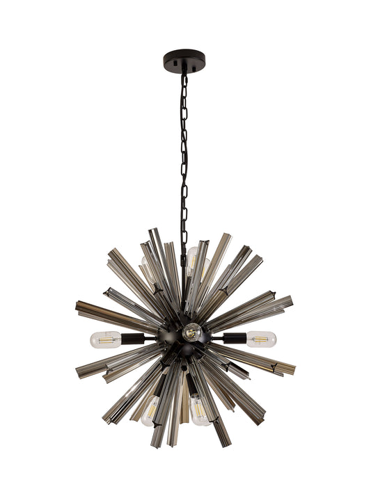 Chase 10 Light E14, Round Pendant Matt Black / Smoke Glass