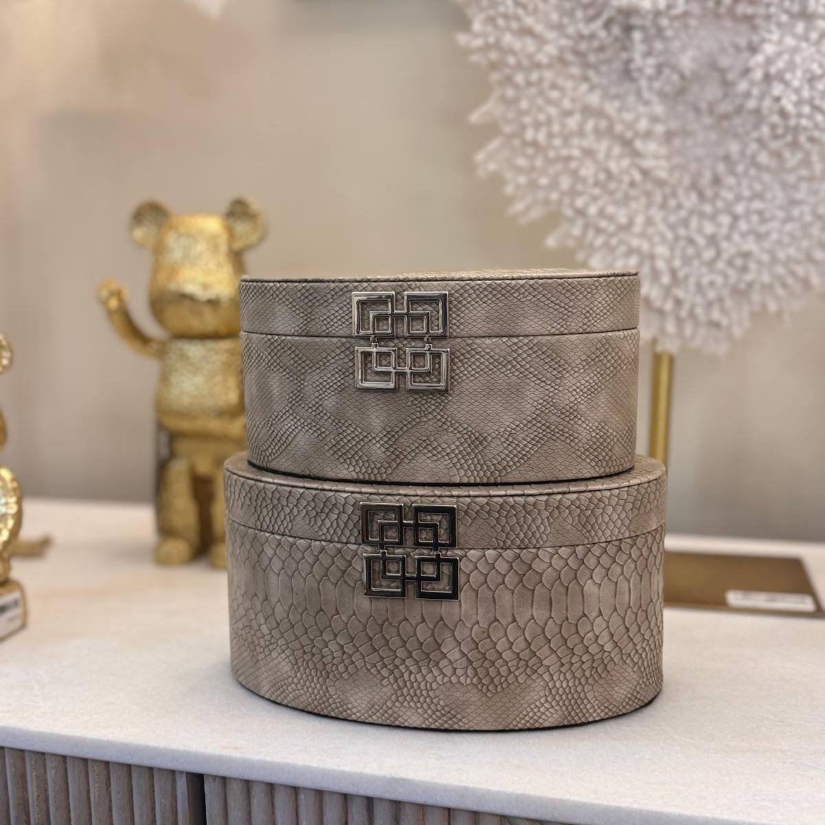 Set of 2 Taupe Faux Snake Leather Oval boxes CIMC