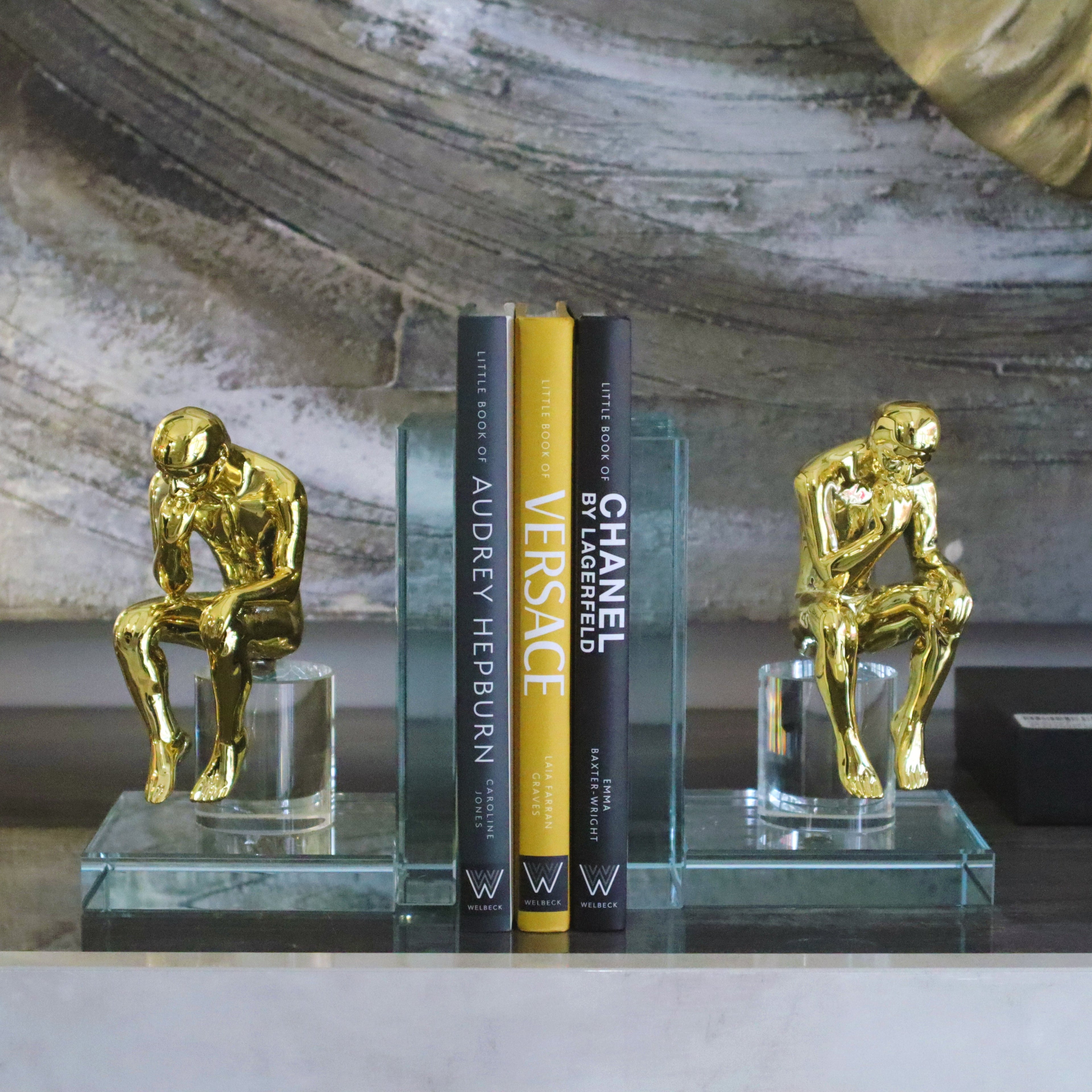 Gold Thinking Figure Luxury Crystal Bookends Ivan