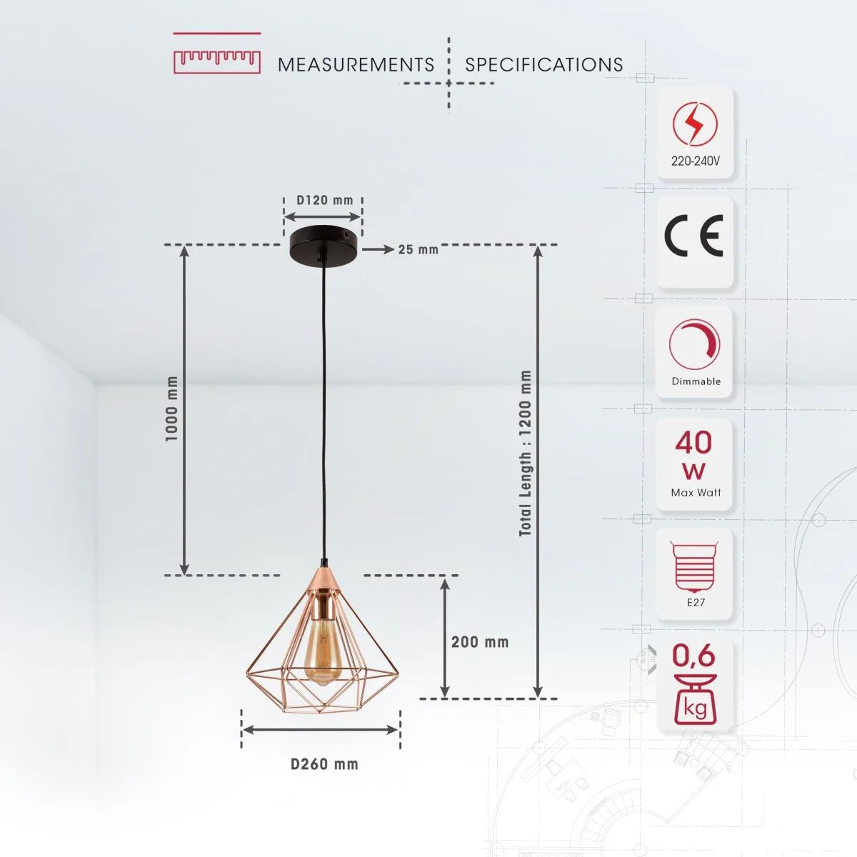 Rose Gold Metal Cage Pendant Ceiling Light Home Store Living