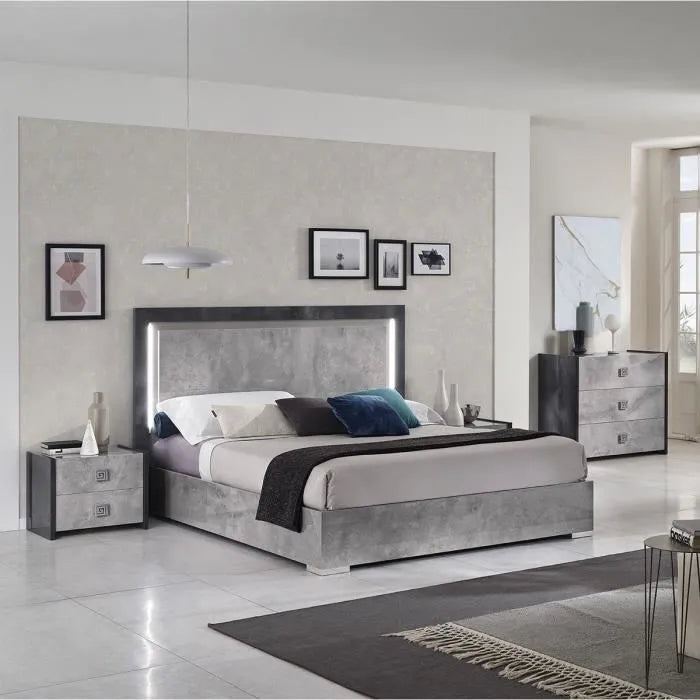 Debora High Gloss Grey Marble LED Bed with Folding Ottoman Storage Base san martino