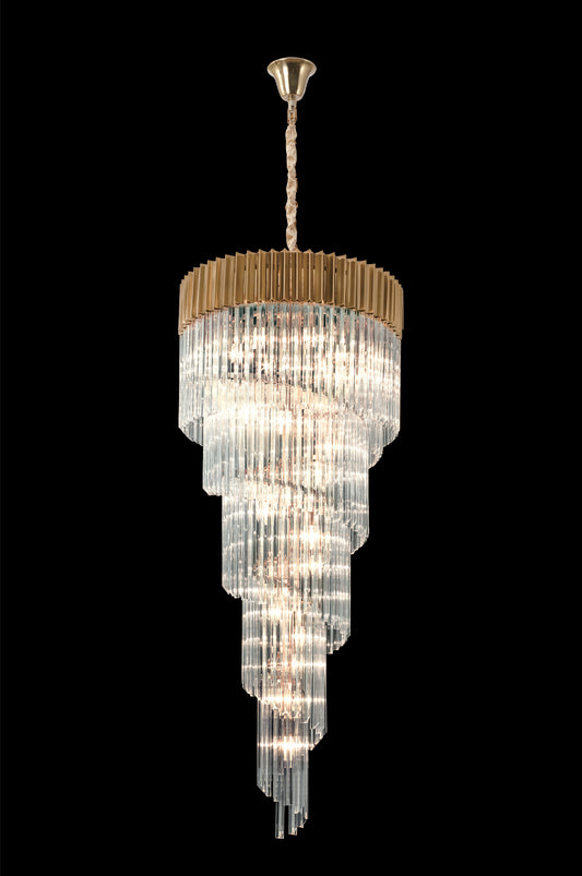 Kiera 90cm Pendant Round 7 Layer Spiral 31 Light E14, Brass/Clear Sculpted Glass, Item Weight: 92.7kg