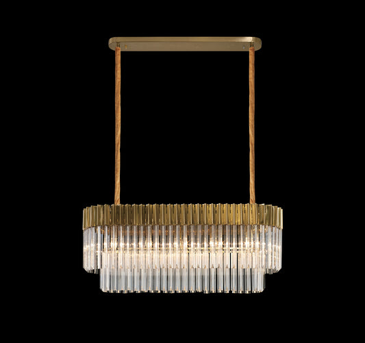 Kiera 100 x 32cm Pendant Rectangle 5 Light E14, Brass/Clear Sculpted Glass, Item Weight: 21.2kg