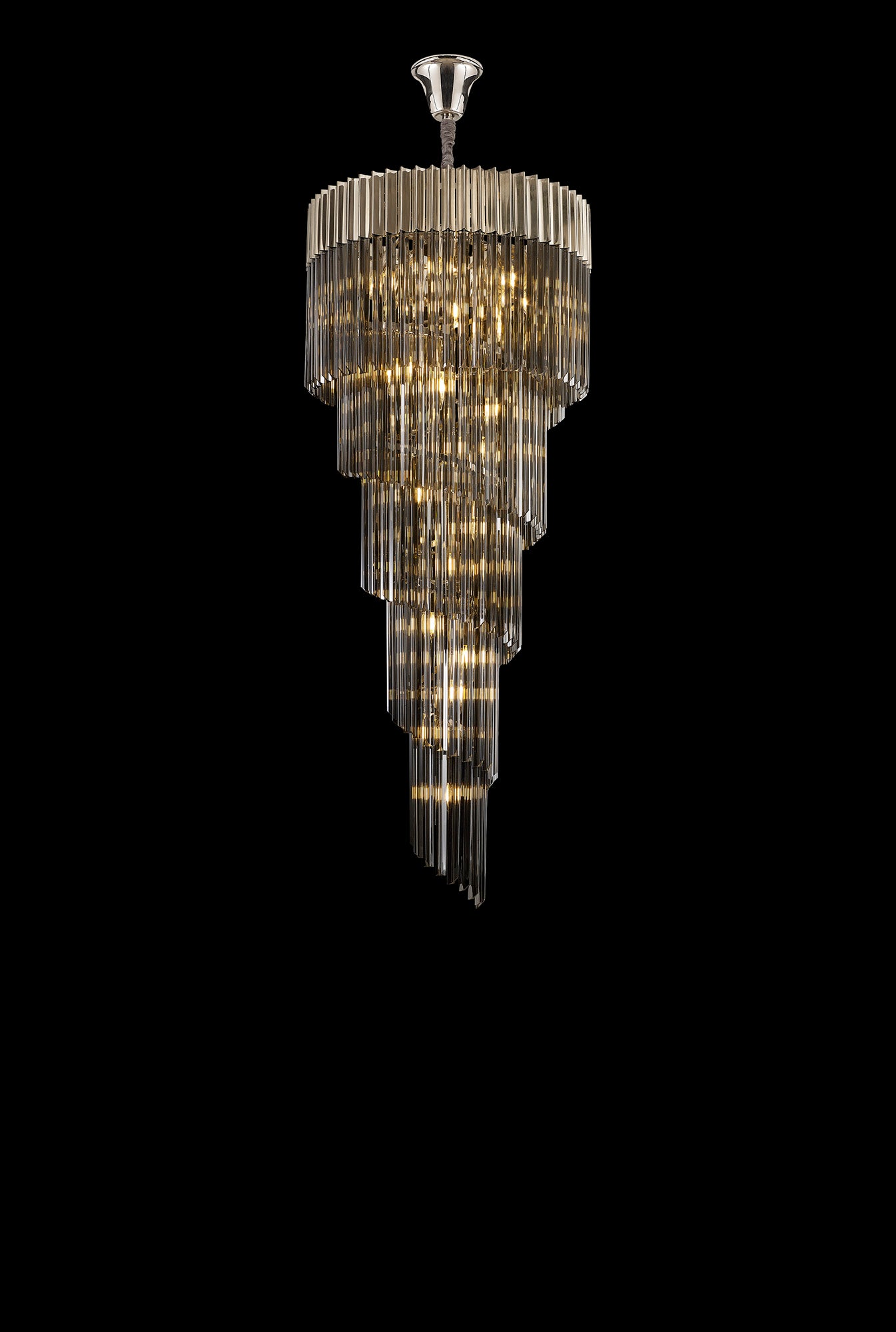 Kiera 70cm Pendant Round 5 Layer Spiral 23 Light E14, Polished Nickel / Smoke Sculpted Glass, Item Weight: 57kg