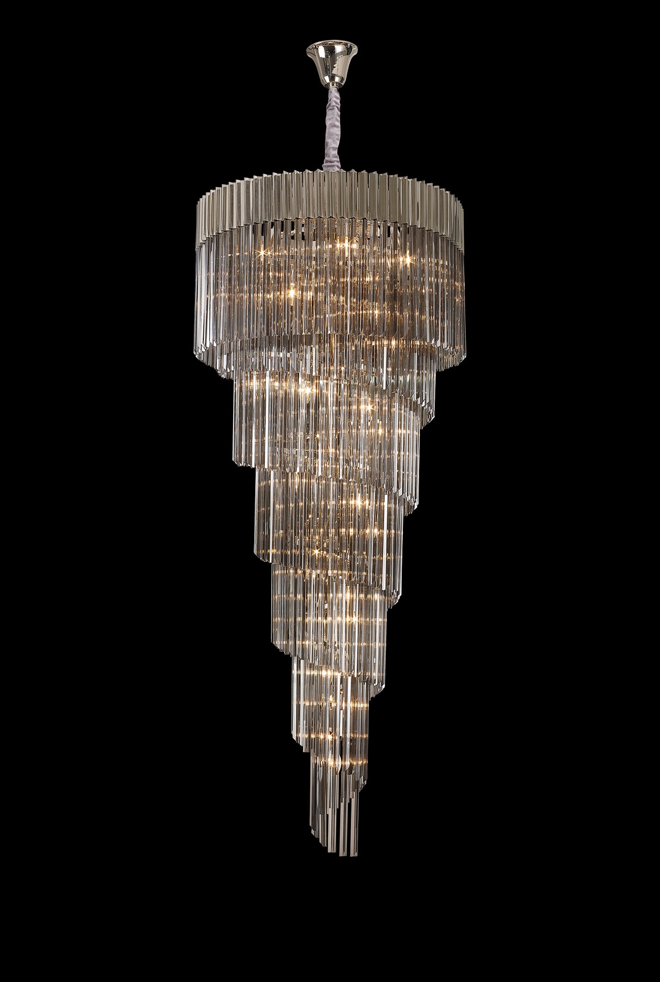 Kiera 90cm Pendant Round 7 Layer Spiral 31 Light E14, Polished Nickel / Smoke Sculpted Glass, Item Weight: 93kg