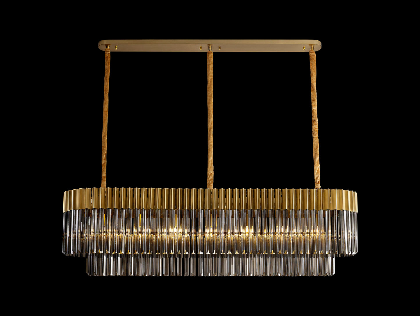 Kiera 150 x 40cm Pendant Rectangle 7 Light E14, Brass / Smoke Sculpted Glass, Item Weight: 28kg