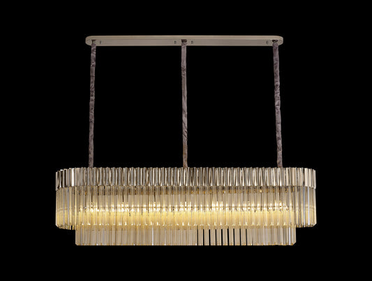 Kiera 150 x 40cm Pendant Rectangle 7 Light E14, Polished Nickel / Cognac Sculpted Glass, Item Weight: 28kg