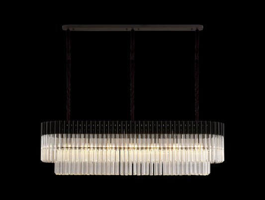 Kiera 150 x 40cm Pendant Rectangle 7 Light E14, Matt Black / Clear Sculpted Glass, Item Weight: 28kg