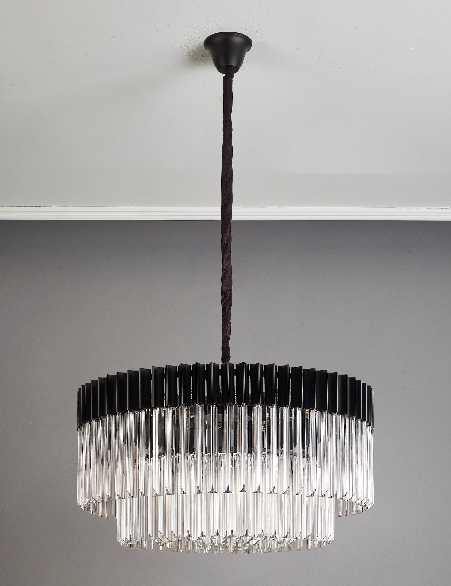 Kiera 80cm Pendant Round 12 Light E14, Matt Black / Clear Sculpted Glass, Item Weight: 25.4kg