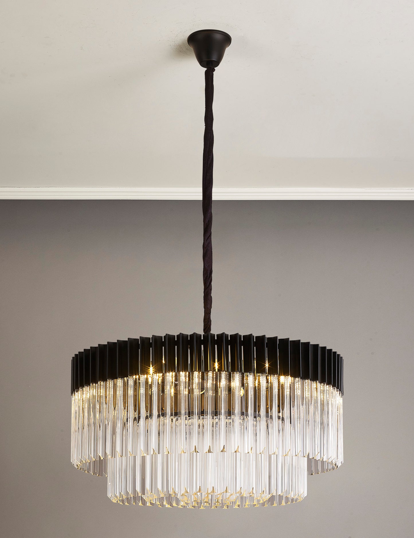 Kiera 80cm Pendant Round 12 Light E14, Matt Black / Clear Sculpted Glass, Item Weight: 25.4kg