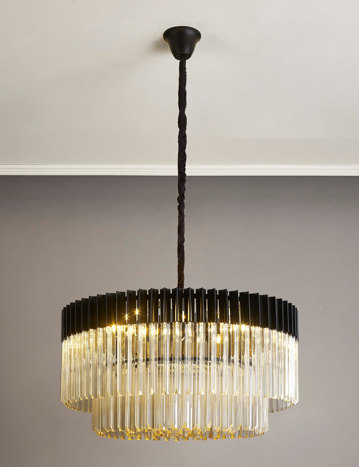 Kiera 80cm Pendant Round 12 Light E14, Matt Black / Cognac Sculpted Glass, Item Weight: 25.4kg