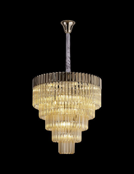 Kiera 80cm Pendant Round 5 Tier 19 Light E14, Polished Nickel / Cognac Sculpted Glass, Item Weight: 32.6kg