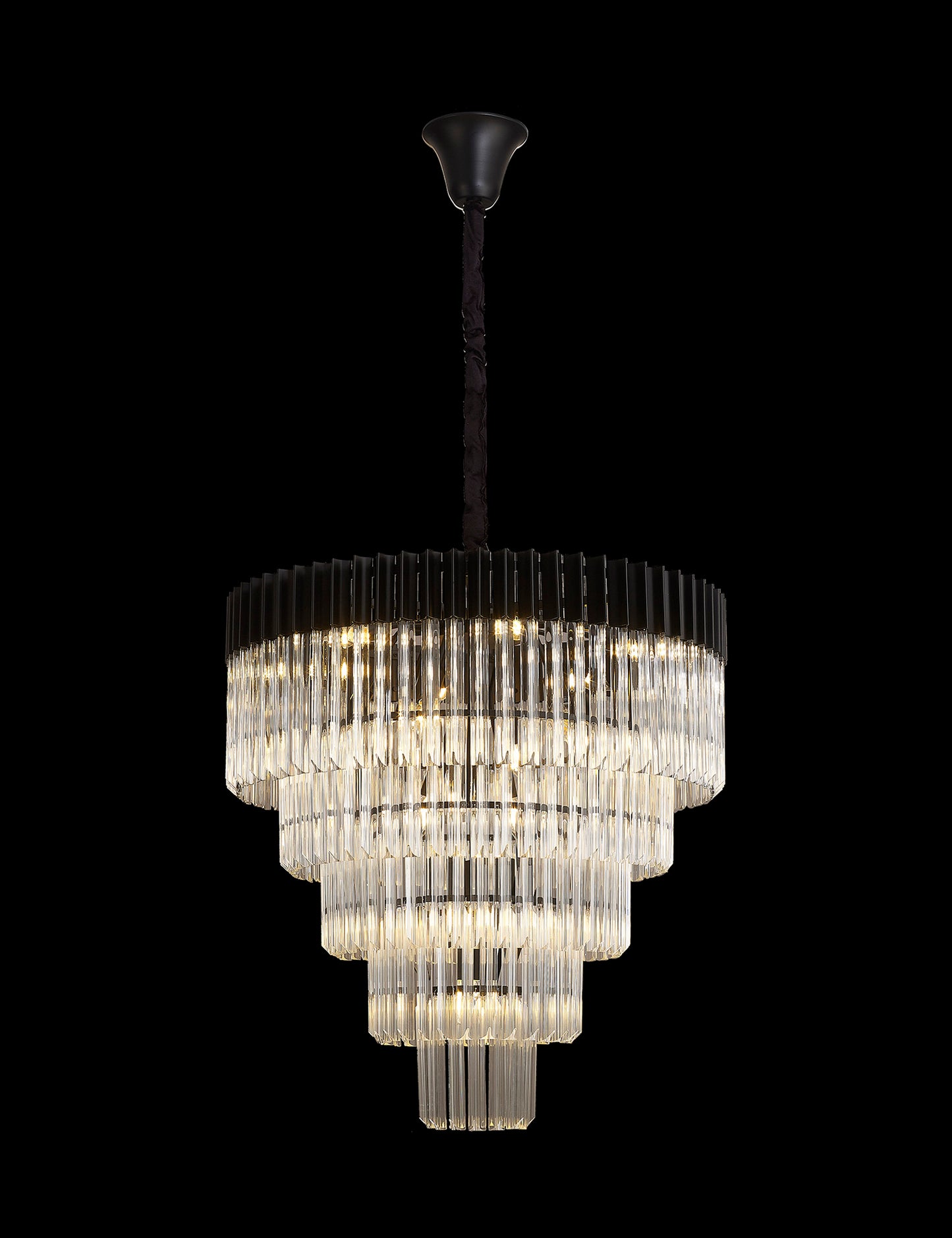 Kiera 80cm Pendant Round 5 Tier 19 Light E14, Matt Black / Clear Sculpted Glass, Item Weight: 30.2kg