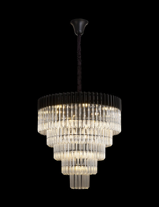 Kiera 80cm Pendant Round 5 Tier 19 Light E14, Matt Black / Clear Sculpted Glass, Item Weight: 30.2kg