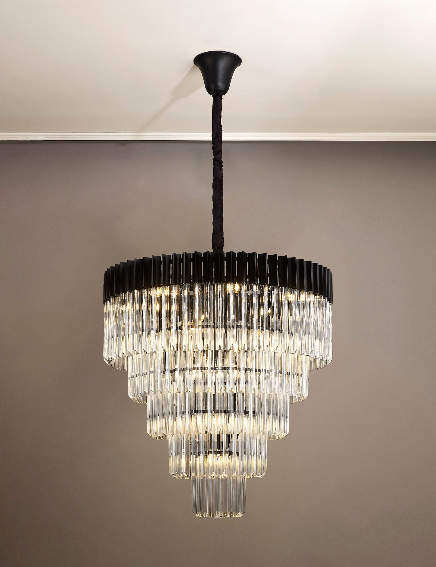 Kiera 80cm Pendant Round 5 Tier 19 Light E14, Matt Black / Clear Sculpted Glass, Item Weight: 30.2kg