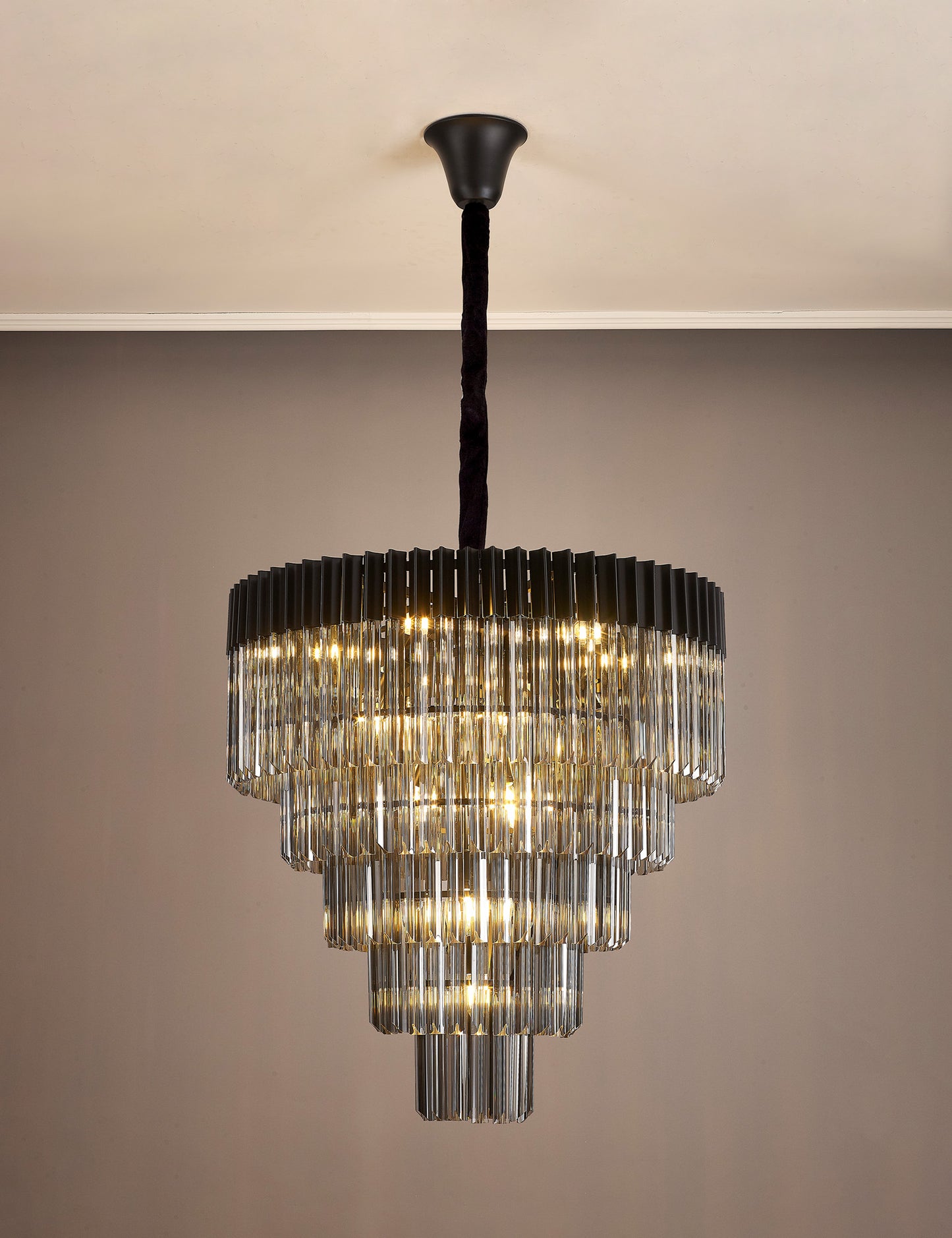 Kiera 80cm Pendant Round 5 Tier 19 Light E14, Matt Black / Smoke Sculpted Glass, Item Weight: 32.6kg