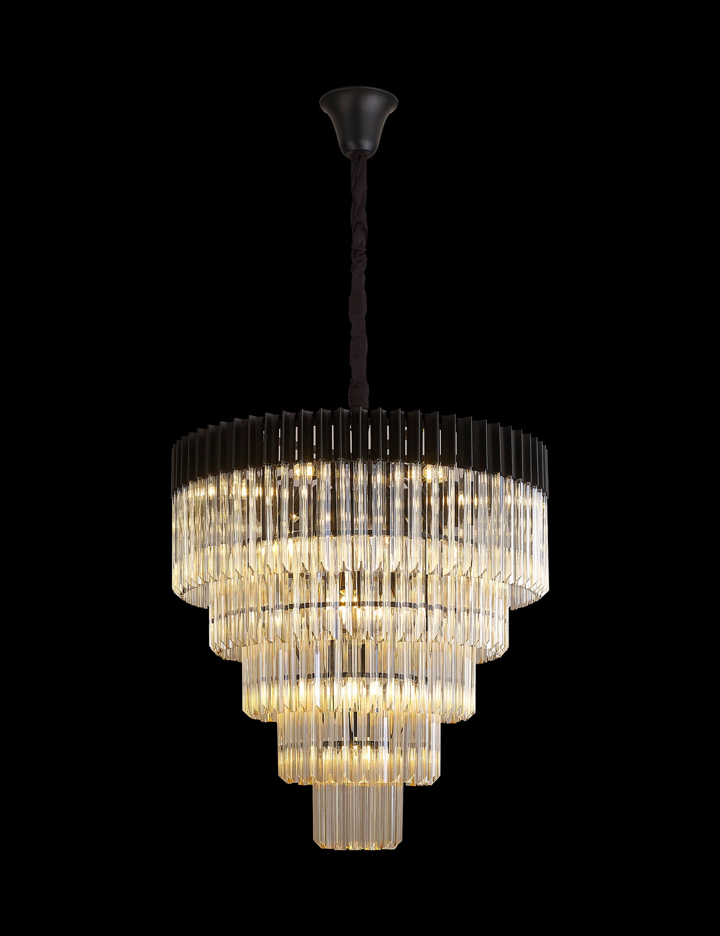 Kiera 80cm Pendant Round 5 Tier 19 Light E14, Matt Black / Cognac Sculpted Glass, Item Weight: 32.6kg