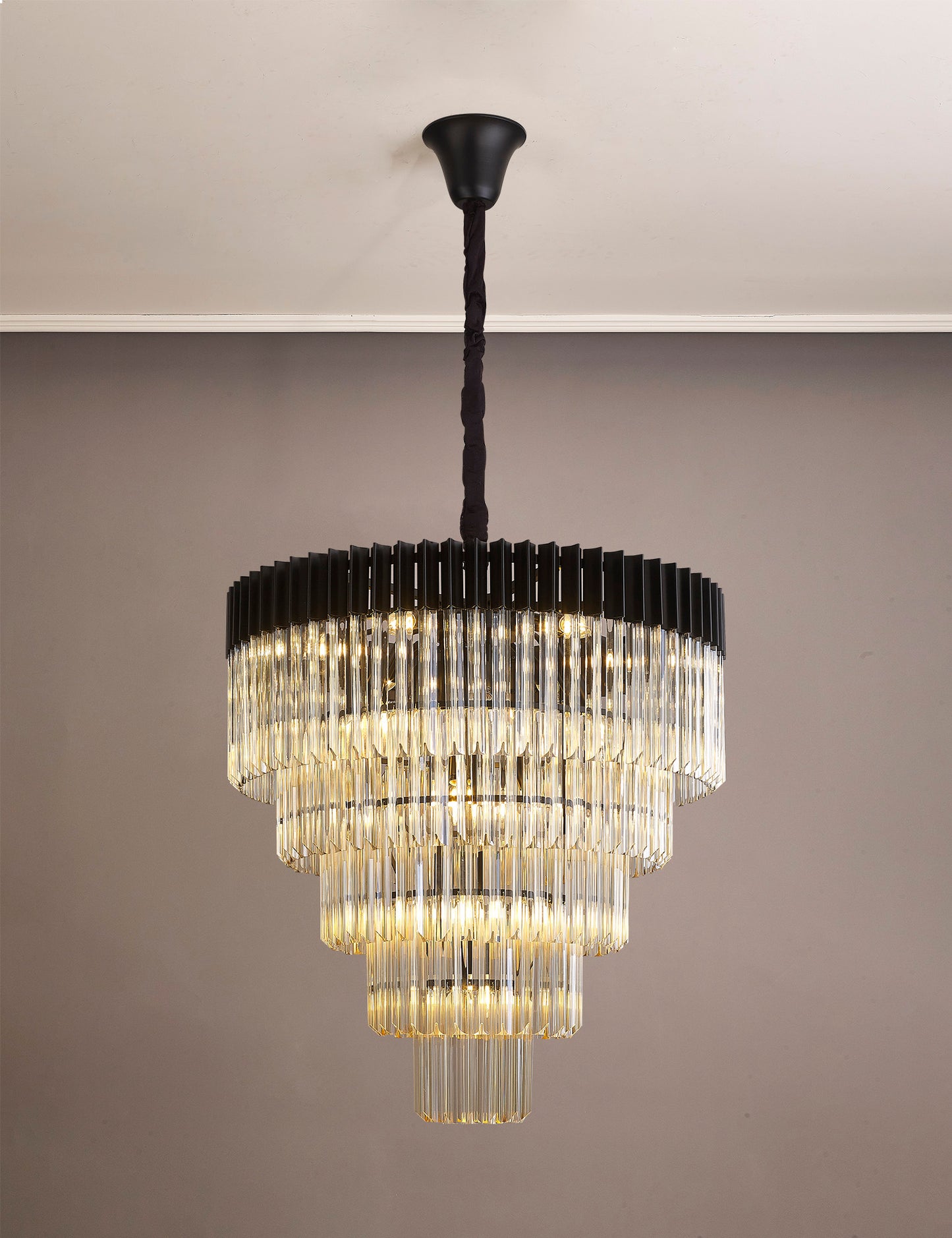 Kiera 80cm Pendant Round 5 Tier 19 Light E14, Matt Black / Cognac Sculpted Glass, Item Weight: 32.6kg