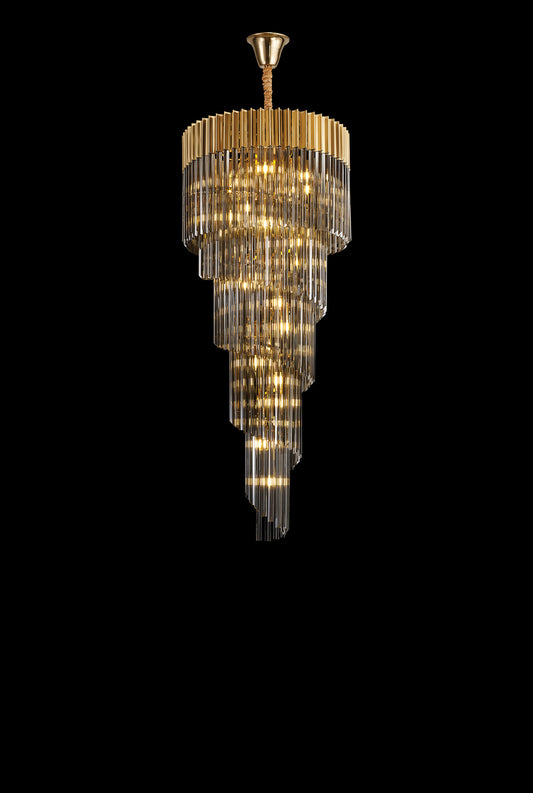 Kiera 70cm Pendant Round 5 Layer Spiral 23 Light E14, Brass / Smoke Sculpted Glass, Item Weight: 57kg