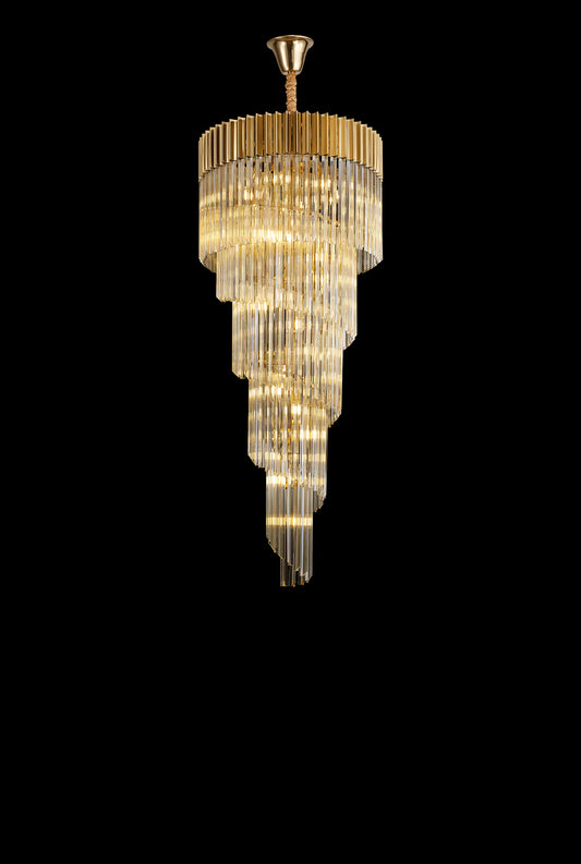 Kiera 70cm Pendant Round 5 Layer Spiral 23 Light E14, Brass / Cognac Sculpted Glass, Item Weight: 57kg