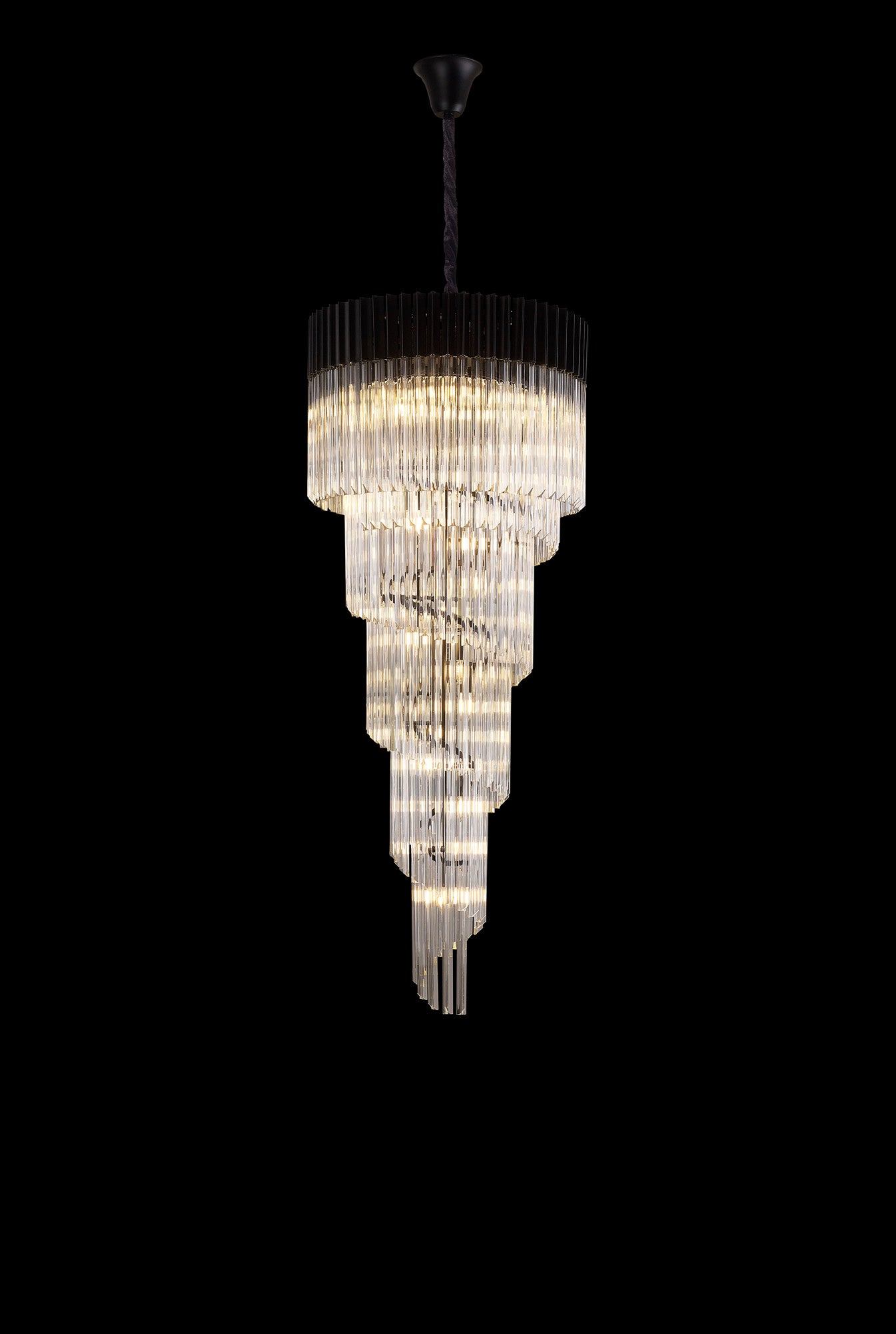 Kiera 70cm Pendant Round 5 Layer Spiral 23 Light E14, Matt Black / Clear Sculpted Glass, Item Weight: 56.2kg