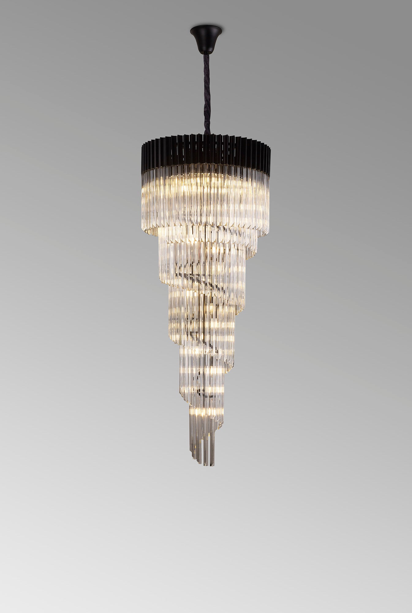 Kiera 70cm Pendant Round 5 Layer Spiral 23 Light E14, Matt Black / Clear Sculpted Glass, Item Weight: 56.2kg