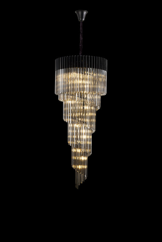 Kiera 70cm Pendant Round 5 Layer Spiral 23 Light E14, Matt Black / Smoke Sculpted Glass, Item Weight: 57kg