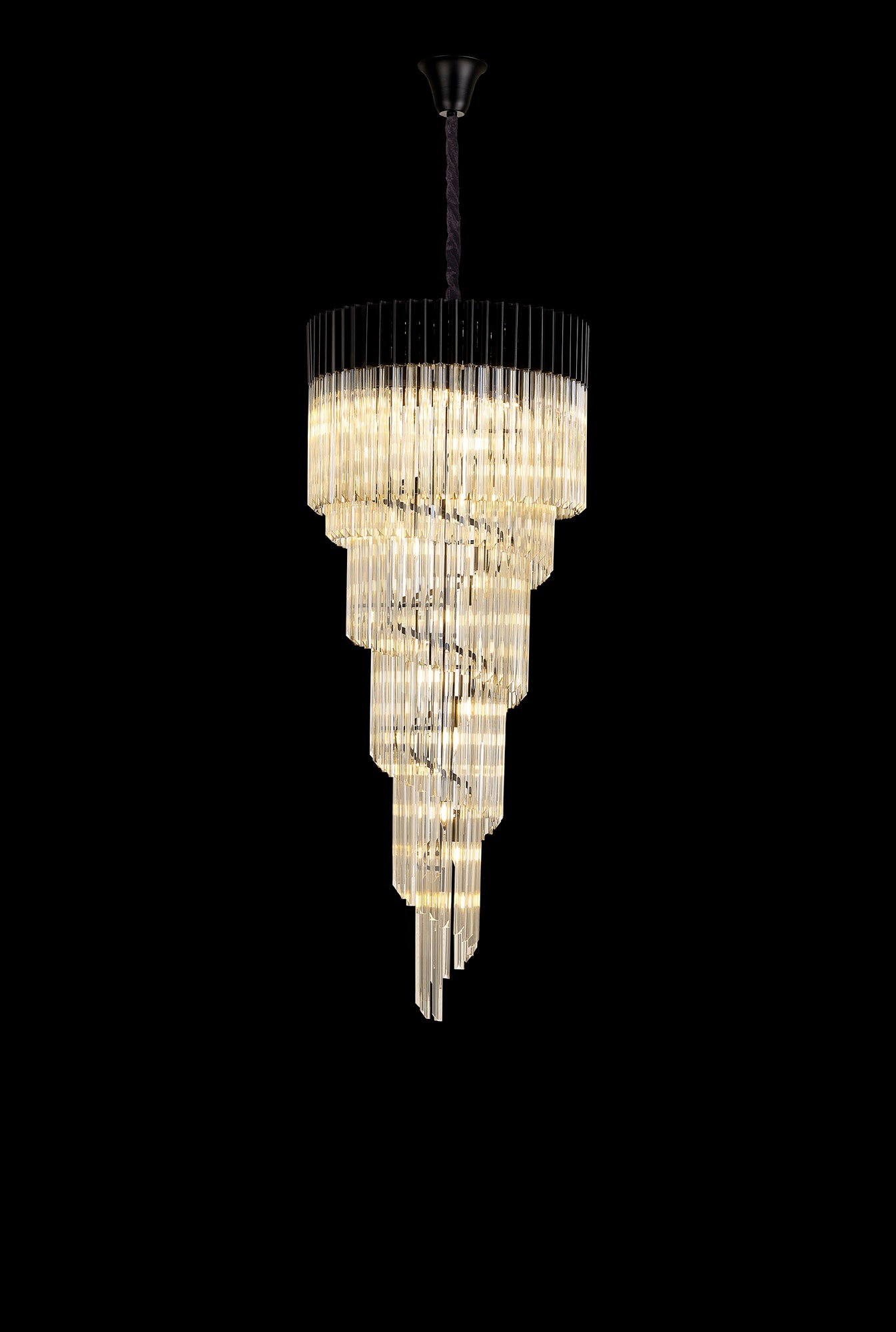 Kiera 70cm Pendant Round 5 Layer Spiral 23 Light E14, Matt Black / Cognac Sculpted Glass, Item Weight: 57kg