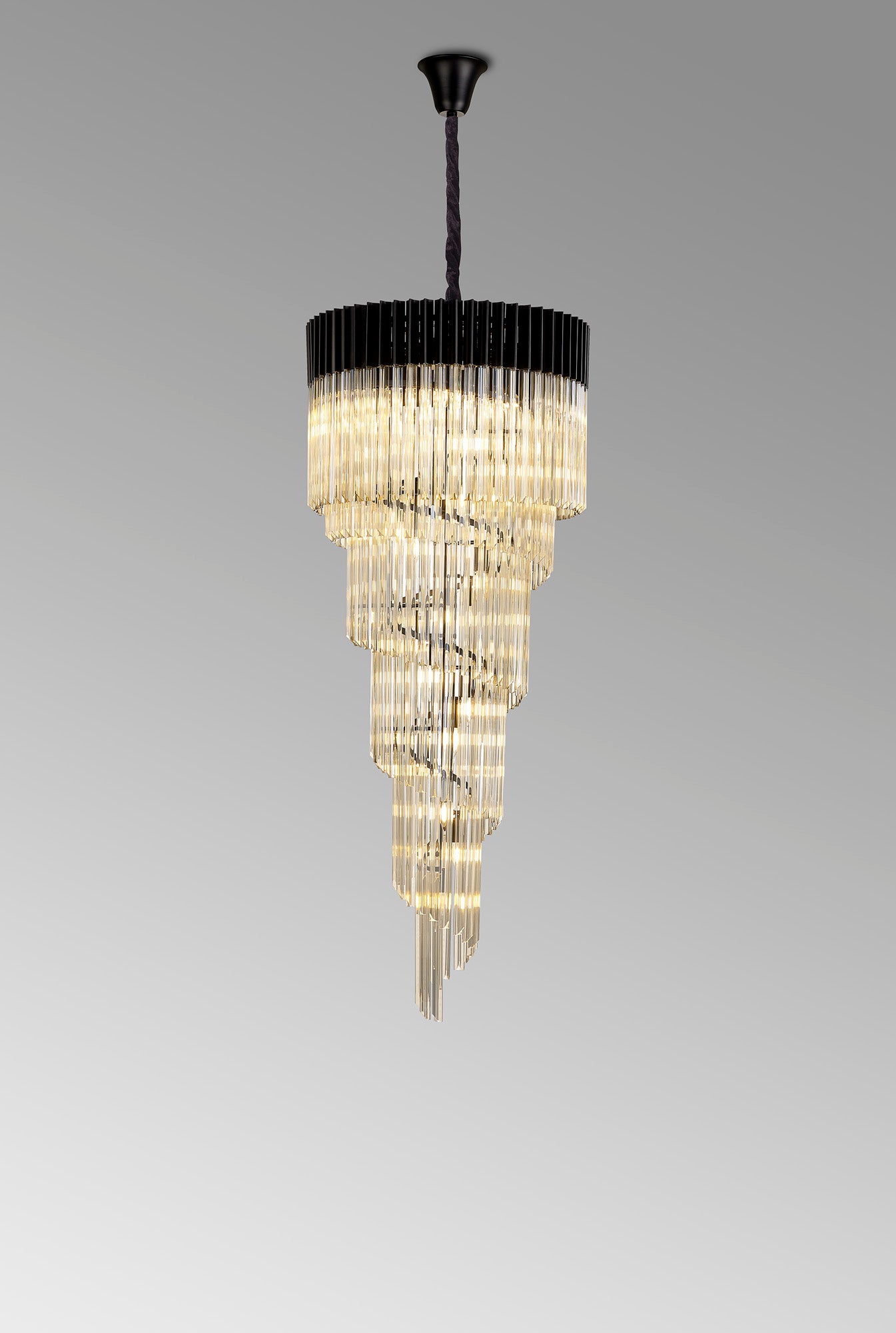 Kiera 70cm Pendant Round 5 Layer Spiral 23 Light E14, Matt Black / Cognac Sculpted Glass, Item Weight: 57kg